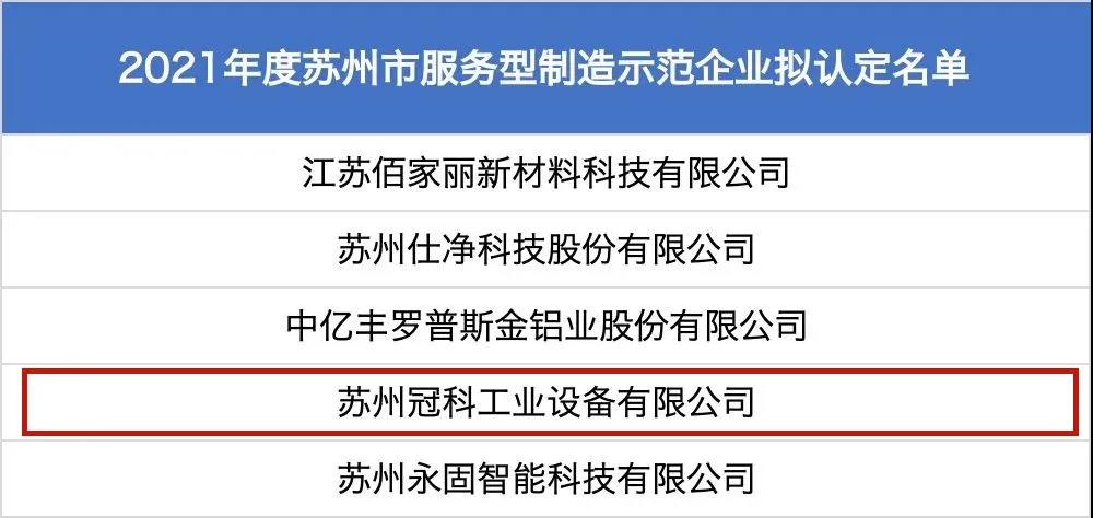 蘇州冠科工業(yè)設(shè)備有限公司獲評(píng)為“2021年度蘇州市服務(wù)型制造示范企業(yè)(總集成總承包)” 蘇州冠科工業(yè)設(shè)備有限公司獲評(píng)為“2021年度蘇州市服務(wù)型制造示范企業(yè)(總集成總承包)”